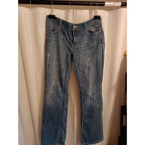 Harley Davidson Women's Blue Jeans Size 8 Demin Bootcut Rhinestones - Picture 1 of 6